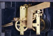 Waterbury Clock Co., Waterbury, Conn., "Dakota", 8 day, time and strike spring driven, lever movement black mantel clock. These clocks were bought by The Loheide Mfg. Co. and modified and sold as a "Trade Stimulator", - a gambling clock.