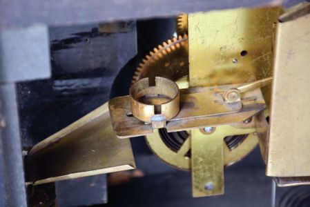 Waterbury Clock Co., Waterbury, Conn., "Dakota", 8 day, time and strike spring driven, lever movement black mantel clock. These clocks were bought by The Loheide Mfg. Co. and modified and sold as a "Trade Stimulator", - a gambling clock.