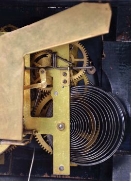 Waterbury Clock Co., Waterbury, Conn., "Dakota", 8 day, time and strike spring driven, lever movement black mantel clock. These clocks were bought by The Loheide Mfg. Co. and modified and sold as a "Trade Stimulator", - a gambling clock.
