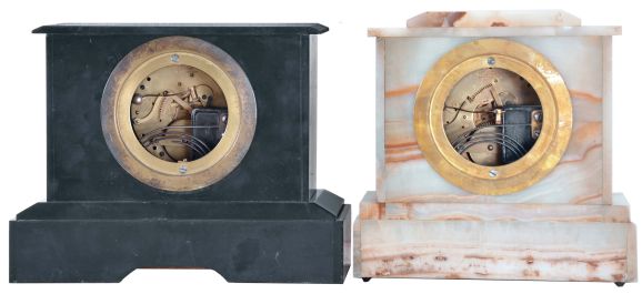 Clocks- 2 (Two) Boston Clock Co., Boston, Mass. mantel: (1) 8 day, time and strike, tandem wind balance wheel rack strike movement in black slate case with red marble insets and incised gold accents, c1890; (2) 8 day, time and strike, tandem wind balance wheel rack strike movement in white onyx case with applied metal accents and fancy dial, c1890.