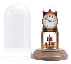 German 400-Day or Anniversary clock: (Retailer =Kuehl Clock Company, Chicago), time only spring driven movement torsion pendulum movement by Gustav Becker of Freiburg, Germany with disc pendulum in polished brass case under glass dome, c1910.