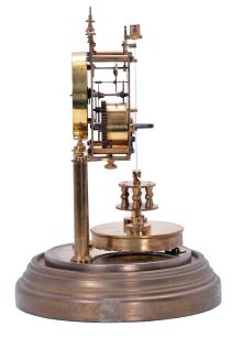 German 400-Day or Anniversary clock: (Retailer =Kuehl Clock Company, Chicago), time only spring driven movement torsion pendulum movement by Gustav Becker of Freiburg, Germany with disc pendulum in polished brass case under glass dome, c1910.