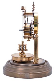 German 400-Day or Anniversary clock: (Retailer =Kuehl Clock Company, Chicago), time only spring driven movement torsion pendulum movement by Gustav Becker of Freiburg, Germany with disc pendulum in polished brass case under glass dome, c1910.