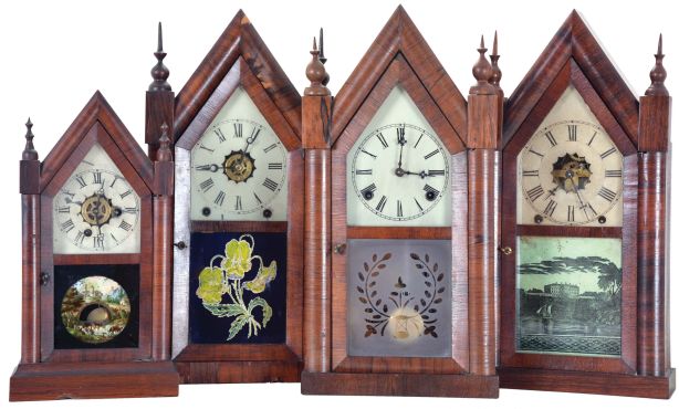 Clocks- 4 (Four): (1) American, Unknow, 30 hour, time and alarm spring driven movement miniature sharp gothic or steeple clock, c1870; (2) New Haven Clock Co., New Haven, Conn., 8 day, time, strike and alarm spring driven movement sharp gothic or steeple clock, c1870; (3) Waterbury Clock Co., Waterbury, Conn., 8 day, time and strike spring driven movement sharp gothic or steeple clock, c1870; (4) Wm. L. Gilbert & Co., Winsted, Conn., 8 day, time and strike spring driven movement sharp gothic or steeple clock, c1860.