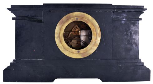 Boston Clock Co., Boston Mass., black mantel clock, 8 day, time and strike with single arbor tandem wind in a black slate case with green marble accents and fancy dial with raised cartouche numerals, c1895.