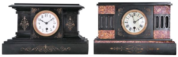 Clocks- 2 (Two) Boston Clock Co. Black Mantel: (1) 8 day spring driven movement with single arbor winding time and strike brass lever movement in black slate case with red marble accents, c1890; (2) 8 day spring driven movement with single arbor winding time and strike brass lever movement in black slate case, c1890.