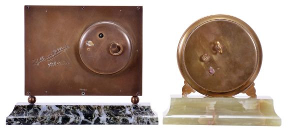 Didisheim, Goldschmidt, Fils & Co., Switzerland- 2 (Two) 30 hour desk timepieces: (1) the first marked "Idylle au Village" and features a European scene, and with an automated Cupid forging arrows below the clock tower, mounted to a green, variegated marble base, (2) the other with European streetscape, featuring buildings and a clock tower, and mounted to a green onyx base, dimensions of first clock listed