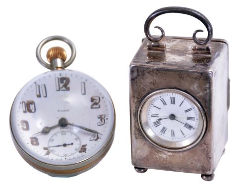 Clocks- 2 (Two): The first a silver cased carriage style clock, with London hallmark, and date letter for the year 1905, Roman numeral white enamel dial, blued steel hands, and 8 day French timepiece movement with lever platform, the other an "Octavia Watch Co." Swiss movement paperweight clock, Arabic numeral white enamel dial, brass hands, and 8 day timepiece movement, first clock dimensions listed