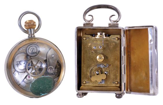 Clocks- 2 (Two): The first a silver cased carriage style clock, with London hallmark, and date letter for the year 1905, Roman numeral white enamel dial, blued steel hands, and 8 day French timepiece movement with lever platform, the other an "Octavia Watch Co." Swiss movement paperweight clock, Arabic numeral white enamel dial, brass hands, and 8 day timepiece movement, first clock dimensions listed