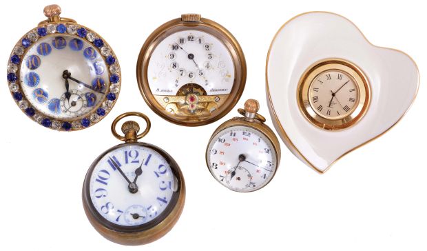 Clocks- 5 (Five): Four paperweight clocks, one an 8 day "Hebdomas", another 8 day Swiss with brilliant set bezel, a 30 hour Swiss with Arabic numeral enamel dial, a New Haven, and a heart shaped "Lenox" with quartz movement
