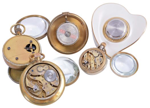 Clocks- 5 (Five): Four paperweight clocks, one an 8 day "Hebdomas", another 8 day Swiss with brilliant set bezel, a 30 hour Swiss with Arabic numeral enamel dial, a New Haven, and a heart shaped "Lenox" with quartz movement