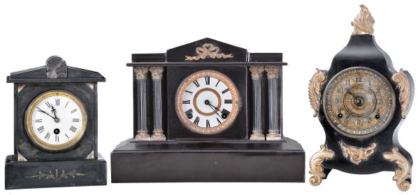 Clocks- 3 (Three) Black Mantel: (1) French, mantel clock, time only, spring driven movement in a black slate case with gray marble insets, c1880; (2) Ansonia Clock Co., NY, "Boston Extra" mantel clock, 8 day time and strike, spring driven movement in a black enameled iron case with applied gilt ornaments and fancy dial, c1904; (3) Ansonia Clock Co., NY, "Calais" mantel clock, 8 day time and strike, spring driven movement in a black enameled iron case with applied gilt trimmings and verde bronze fluted columns, c1904.