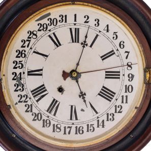 Clocks- 2 (Two): (1) New Haven Clock Co., New Haven, Conn., "No. 1 Timepiece Regulator" hanging clock with a spring driven, 8 day time and simple calendar movement in a walnut veneer case, c1895; (2) New Haven Clock Co., New Haven, Conn., "Eclipse Regulator" Made for the American Wringer Co., New York with a spring driven, 8 day time and simple calendar movement in an oak case, c1900.