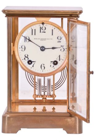 Ansonia Clock Co., New York, NY, "Coral", 8 day, time and strike spring driven movement crystal regulator mantel clock retailed by Bigelow, Kennard & Co., Boston.