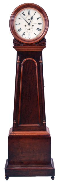 J. & W. Boyd, Greenock, (Scotland), tall clock, 8 day, time and bell strike, weight driven movement in a drum head mahogany case on bun feet with painted metal dial