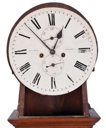 J. & W. Boyd, Greenock, (Scotland), tall clock, 8 day, time and bell strike, weight driven movement in a drum head mahogany case on bun feet with painted metal dial