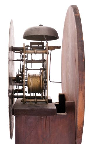 J. & W. Boyd, Greenock, (Scotland), tall clock, 8 day, time and bell strike, weight driven movement in a drum head mahogany case on bun feet with painted metal dial