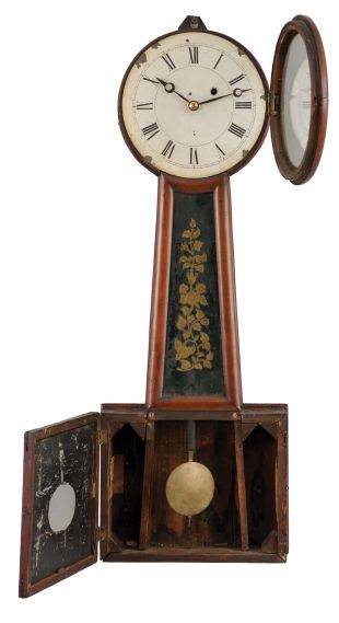 George D. Hatch, North Attleboro, Mass., 8 day, weight driven, brass movement Patent or banjo timepiece.