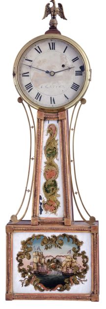 New Hampshire, 8 day, weight driven, brass movement Patent or banjo timepiece. The signature on the dial is difficult to read, but it appears to read in part Smith & Willis. There was a Smith & Williston in Keene, New Hampshire who advertised as clockmakers, that may be the firm name.