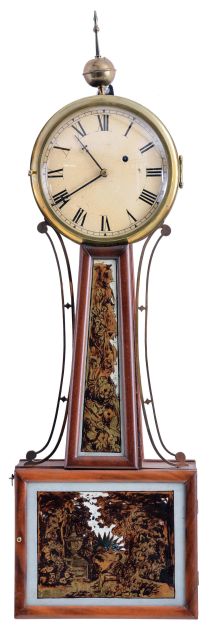 Unsigned New Hampshire or Massachusetts 8 day, weight driven, brass movement Patent or banjo timepiece.