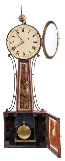Unsigned New Hampshire or Massachusetts 8 day, weight driven, brass movement Patent or banjo timepiece.