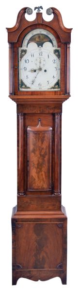 England, unsigned tall clock, 8 day, time and bell strike, weight driven movement, mahogany case with broken arch hood with brass rosettes, convex crotch mahogany panel 3/4 columns on trunk and fan carved crotch mahogany panel on lower plinth with painted metal dial with moon phase, swan spandrels.