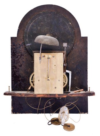 England, unsigned tall clock, 8 day, time and bell strike, weight driven movement, mahogany case with broken arch hood with brass rosettes, convex crotch mahogany panel 3/4 columns on trunk and fan carved crotch mahogany panel on lower plinth with painted metal dial with moon phase, swan spandrels.