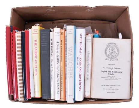 Books- 34 (Thirty-four) classic references on clocks and watches. Authors include: Britten, Ly, Husher & Welch, Miller & Miller, Ortenburger, Distin & Bishop, Clutton & Daniels, Palmer, Dworetsky & Dickstein, Roberts, Bailey, Bruton, Joy, Nutting, and Gazeley. Lot also includes a 1928 (second edition) of "The Escapement and Train of American Watches" by T. J. Wilkinson.