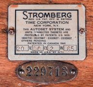 Stromberg Time Corporation, New York, NY, electric master regulator wall clock, time only movement marked "6957M" with deadbeat escapement in a mahogany case with silvered metal dial, patent date 1941