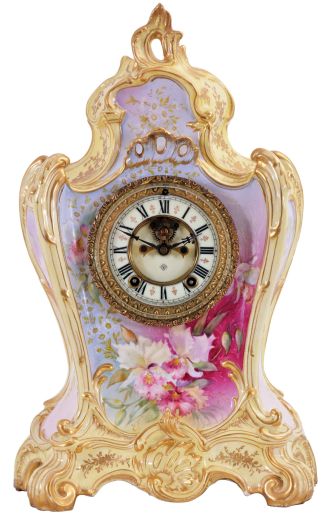 Ansonia Clock Co., New York, NY, "La Provence" shelf clock with a spring driven, 8 day time and half hour strike movement with visible escapement in a porcelain case.