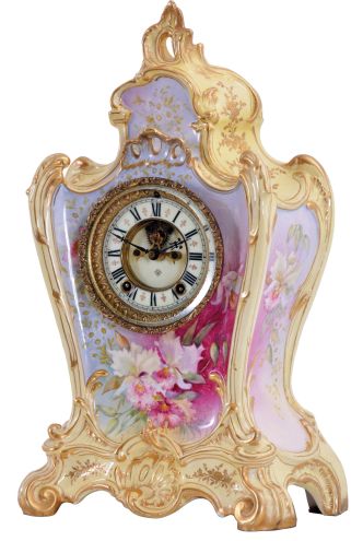 Ansonia Clock Co., New York, NY, "La Provence" shelf clock with a spring driven, 8 day time and half hour strike movement with visible escapement in a porcelain case.