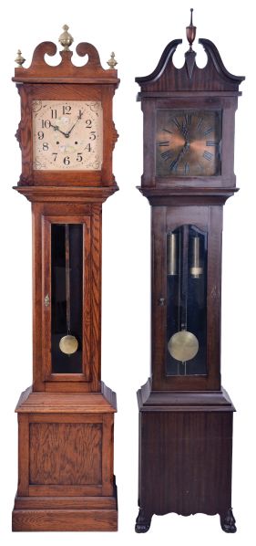 Tall Clocks- 3 (Three) American: (1) Ithaca Clock Co., 8 day, spring driven, time and strike on a gong in an oak case; (2) New Haven Clock Co. (attribution), 8 day, weight driven, time and strike in a mahogany case; (3) Colonial Clock Co., Zeeland, Michigan, "Model No. 1340", 8 day, weight driven, time and strike floor clock with Winterhalder movement in a mahogany case, c1920.