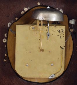 Clocks- 2 (Two): (1) English, 8 day, spring fusee brass movement postal or wall timepiece, c1890; (2) French, 8 day, time and strike spring driven movement inlayed wall clock, c1840