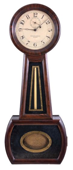 Howard & Davis, Boston, Mass., "No. 1 Regulator" banjo wall clock, rosewood grain painted cherry case with Roman numeral, painted metal dial with diamond hands, reverse painted tablets, 8 day, time only, weight driven movement and damascened pendulum bob