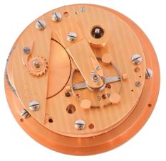 First Moscow Watch Factory, USSR, two day marine chronometer, 15 jewel, damascened, gilt movement with fusee, break circuit mechanism, and integral balance with helical hairspring, Arabic numeral silvered dial with gilt spade and poker hands, mounted in a gimbaled bowl and contained in a brass mounted mahogany box, and with outer, lined protective mahogany box, serial #11577, together with a Soviet era boxed wristwatch, and more, 20th century