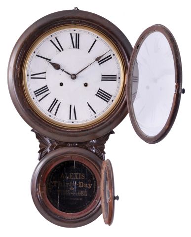 E. N. Welch Mfg. Co., Forestville, Conn., "Alexis No. 1" wall hanging clock with a spring driven 30 day time only movement in a rosewood veneered case with faux grained bezels.