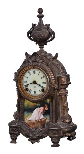 Clocks- 2 (Two): (1) Ansonia Clock Co., New York, NY, "Versailles" mantel clock with a spring driven, 8 day time and half hour strike movement in a cast metal case, c1914. ; (2) New Haven Clock Co., New Haven, Conn., "Winnipeg" hanging clock with a spring driven, 8 day timepiece movement in a walnut case, c1885.