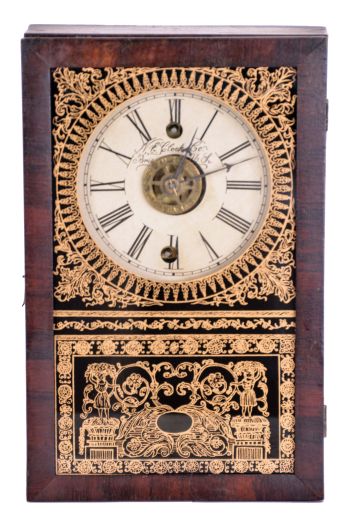 New England Clock Co., Bristol conn. 30 hour, time and alarm spring driven movement cigar box timepiece.