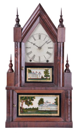 William S. Johnson, 49 Cortlandt St., New York Double Steeple clock with an unmarked (probably C. Jerome) spring driven, 8 day, time and strike movement in a mahogany veneered case.