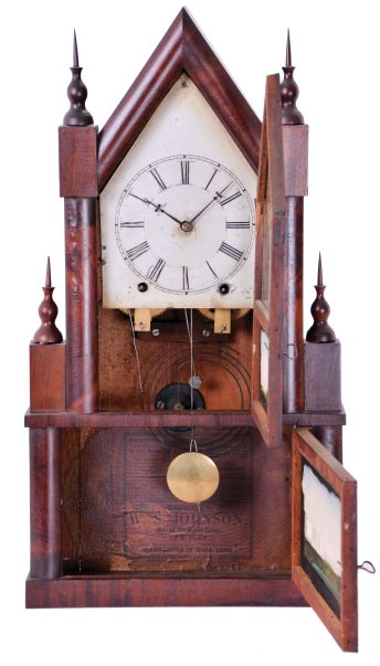William S. Johnson, 49 Cortlandt St., New York Double Steeple clock with an unmarked (probably C. Jerome) spring driven, 8 day, time and strike movement in a mahogany veneered case.