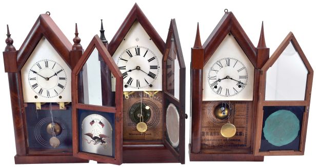 Clocks- 3 (Three): (1) Jerome & Co., New Haven, Conn., 8 day, time and strike spring driven movement Sharp Gothic or steeple clock, c1850; (2) Chauncey Goodrich, Bristol, Conn., 8 day, time and strike spring driven movement Sharp Gothic or steeple clock, c1850; (3) Seth Thomas Clock Co., Thomaston, Conn., 8 day, time and strike spring driven movement Sharp Gothic or steeple clock, c1870