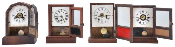 Clocks- 7 (Seven): (1) Ansonia Clock Co., New York, unidentified cottage shelf clock with a spring driven 30 hour timepiece movement in a wood case, c1890; (2) E. Ingraham & Co., Bristol, Conn., "OK" shelf clock with a spring driven 30 hour time and alarm movement in a light wood case, c1884; (3) Jerome and Co., New Haven, Conn., unidentified cottage shelf clock with a spring driven 30 hour movement in a rosewood veneered case, c1870; (4) Jerome & Co., New Haven, Conn., "Rose Cottage" shelf clock with a spring driven 30 hour time and alarm movement in a rosewood veneered case, c1870; (5) Seth Thomas Clock Co., Thomaston, Conn., cottage shelf clock with a spring driven 30 hour movement in a rosewood and mahogany veneered case, c1875; (6) Badenia Clock Manufactory, Bavaria, Germany cottage shelf clock with a spring driven 30 hour time and alarm movement in a grained wooden case, c1870; (7) Seth Thomas Clock Co., Plymouth Hollow, Conn. cottage shelf clock with a spring driven time and alarm movement in a rosewood veneered case, c1860.