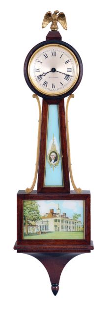 Clocks- 3 (Three) Wall Clocks: (1) Seth Thomas Clock Co., Thomaston, Conn., "Delaware", time only miniature banjo clock with lever movement in a mahogany case with glasses featuring George Washington and Mt. Vernon, c1954; (2) The Horolovar Co., New York, " Dickory, Dickory, Dock" novelty clock, 8 day, time only German balance wheel movement, c1970; (3) Hubert Herr, Triberg, Germany, for Welby Corporation, cuckoo & quail wall clock, 30 hour weight-driven in a carved wood case, c1965.