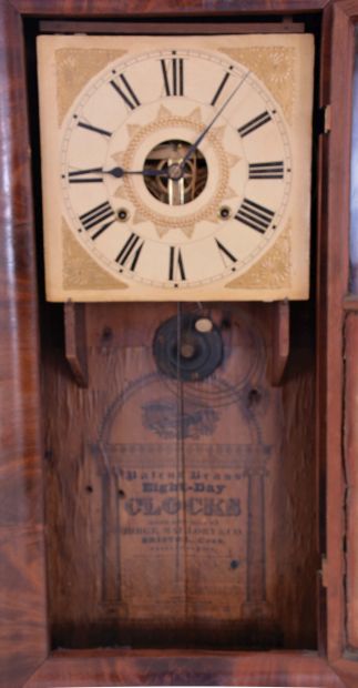 Birge, Mallory & Co., Bristol, Conn., large 8 day, time and strike weight strap brass movement OG shelf clock.