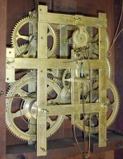 Birge, Mallory & Co., Bristol, Conn., large 8 day, time and strike weight strap brass movement OG shelf clock.