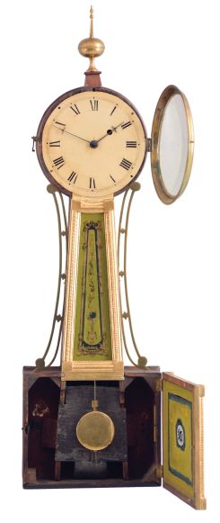 Massachusetts, 8 day, weight driven, brass movement Patent or banjo timepiece. Maker unknown.