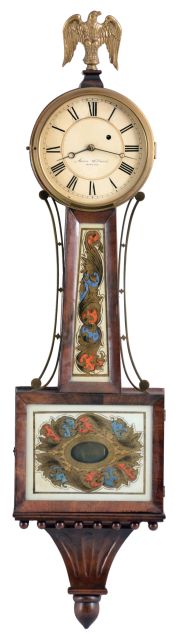 Massachusetts, 8 day, time and strike, weight driven brass movement Patent or banjo timepiece.