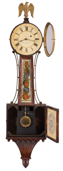 Massachusetts, 8 day, time and strike, weight driven brass movement Patent or banjo timepiece.