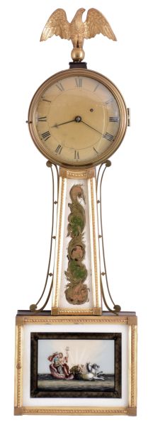 Boston, Mass., Patent or banjo timepiece, with 8 day, weight driven, brass movement