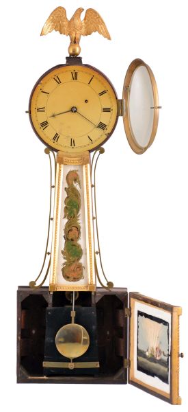 Boston, Mass., Patent or banjo timepiece, with 8 day, weight driven, brass movement
